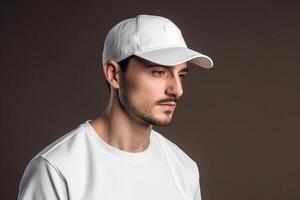 ai generativo retrato de un hermoso joven hombre en un blanco béisbol gorra. foto