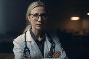 Portrait of confident female doctor standing with arms crossed in hospital corridor photo