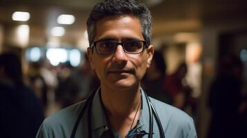 Portrait of doctor standing in corridor at hospital. Doctor looking at camera. photo