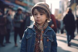 ai generativo retrato de un linda pequeño chico en el calle en el ciudad foto