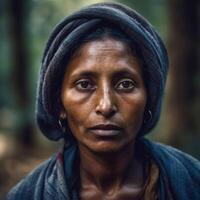 Portrait of an old Indian woman in the forest. Vintage style. photo