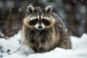 Portrait of a raccoon in the winter forest. Animal in the snow Ai generative photo