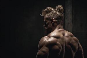 Handsome muscular man posing over black background. Back view photo