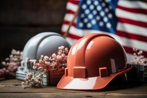 Hard hat with USA flag on wooden background. Labor day concept. photo