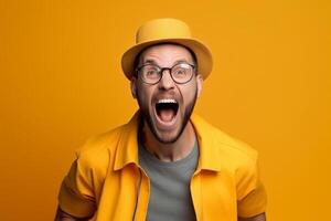 Portrait of a young man screaming isolated over yellow background photo