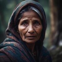 ai generativo retrato de un antiguo indio mujer en el bosque. Clásico estilo. foto