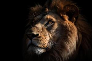 Portrait of a male lion in front of a black background Ai generative photo