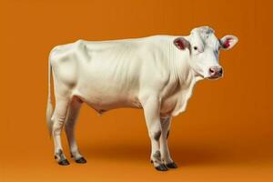 Ai generative White cow isolated on orange background. 3d rendering, illustration photo