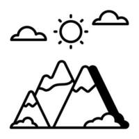 A unique design icon of mountains with sun showcasing hills weather vector