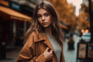 Beautiful young woman in a coat walking in the city at sunset photo