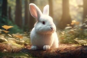 Cute white rabbit sitting on the grass in the forest. Easter concept. photo