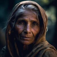 Portrait of an old Indian woman in the forest. Vintage style. photo