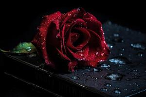 Red rose and old book with water drops on a black background. photo