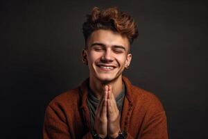Portrait of a smiling young man praying over dark background photo