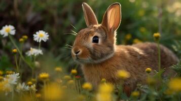 Rabbit in the meadow with yellow flowers. Easter background. photo