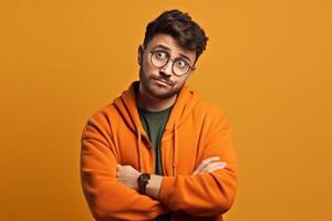 Portrait of a confused young man over solid background photo