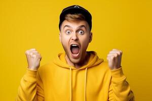 Excited young man celebrating success on orange background photo