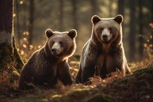 ai generativo marrón oso y cachorro en el bosque. fauna silvestre escena desde naturaleza foto