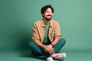 Portrait of a happy young man sitting on the floor over solid background photo