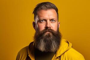 ai generativo retrato de un hermoso hombre en un amarillo chaqueta con largo barba y Bigote en amarillo antecedentes foto