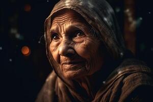 Portrait of the old Indian woman in the old house photo