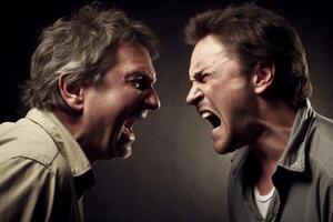 Two angry men shouting at each other on a dark background. Aggressive men photo