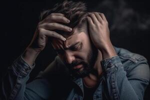 Sad young man on dark background. Depression and mental health concept photo