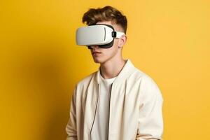 Ai generative Young man wearing virtual reality goggles. Isolated on solid background photo