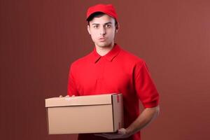 Delivery man holding a box on red background. Delivery service concept photo