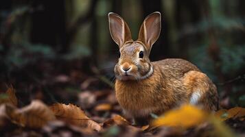 Cute rabbit in the autumn forest. Wild animal in the nature photo