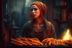 Beautiful red-haired girl in medieval clothes sitting at the table with pretzels photo