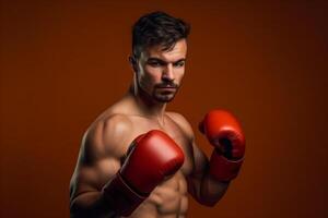 Handsome muscular man with red boxing gloves on orange background. photo