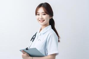 ai generativo retrato de un sonriente hembra enfermero con estetoscopio y portapapeles foto