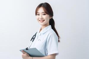 Portrait of a smiling female nurse with stethoscope and clipboard photo