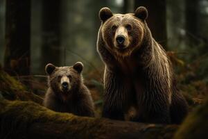 ai generativo marrón oso y cachorro en el bosque. fauna silvestre escena desde naturaleza foto