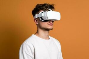 Ai generative Young man wearing virtual reality goggles. Isolated on solid background photo