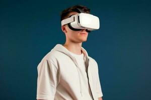 Ai generative Young man wearing virtual reality goggles. Isolated on solid background photo