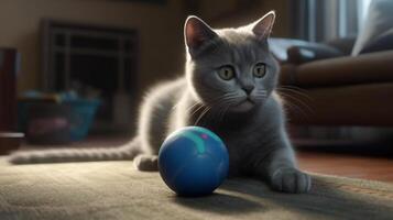 ai generativo británico gatito obras de teatro con azul pelota en el alfombra en el vivo habitación foto