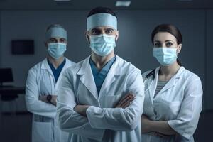 ai generativo retrato de confidente médico equipo en pie con brazos cruzado en moderno hospital foto