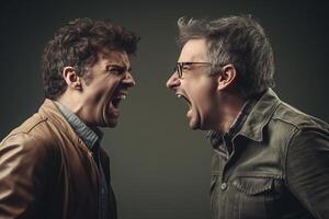 Two angry men shouting at each other on a dark background. Aggressive men photo