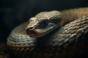 de cerca de el cabeza de un agua serpiente en el lluvia oscuro antecedentes 3d ilustración ai generativo foto