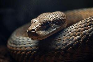 Close-up of the head of a water snake in the rain dark background 3d illustration Ai generative photo