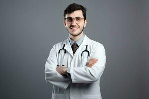 Ai generative Portrait of confident male doctor in white coat and stethoscope standing with arms crossed and looking at camera photo