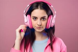 Portrait of beautiful young woman with headphones listening to music on pink background photo