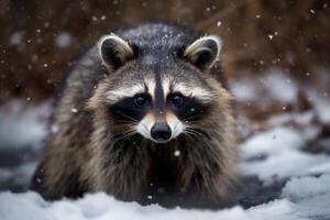 Portrait of a raccoon in the winter forest. Animal in the snow Ai generative photo