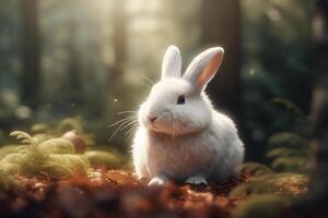 Cute white rabbit sitting on the grass in the forest. Easter concept. photo