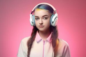 ai generativo retrato de un hermosa joven mujer con auriculares en un rosado antecedentes foto