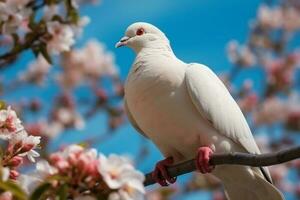 Ai generative White pigeon on a branch of a blossoming tree with pink flowers photo