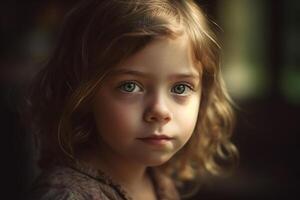 Portrait of a beautiful little girl with long curly hair in the room photo