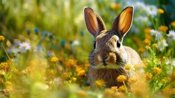 ai generativo Conejo en el prado con amarillo flores Pascua de Resurrección antecedentes. foto